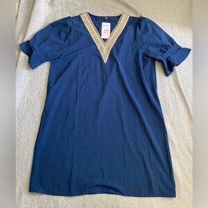 Chic Navy Blue Midi Dress with Gold Trim